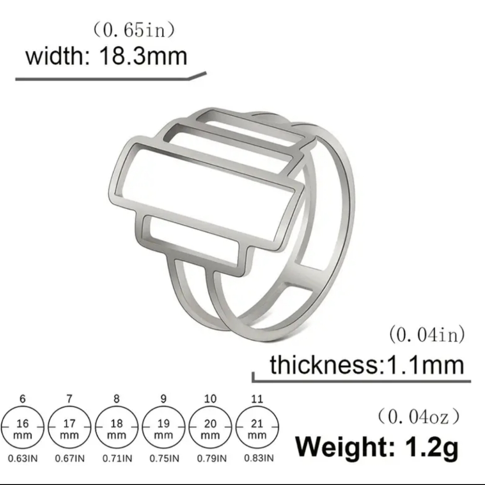 Hollow Rectangular Geometric Architectural Shape Ring Stainless Steel Size 6